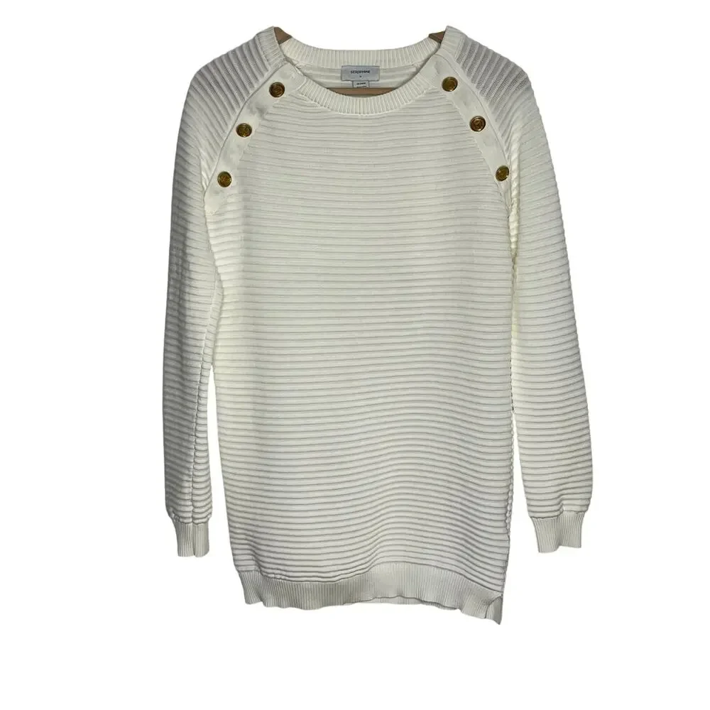 Seraphine Maternity Nursing Sweater XS Ivory Ribbed Gold Button Shoulder Cotton